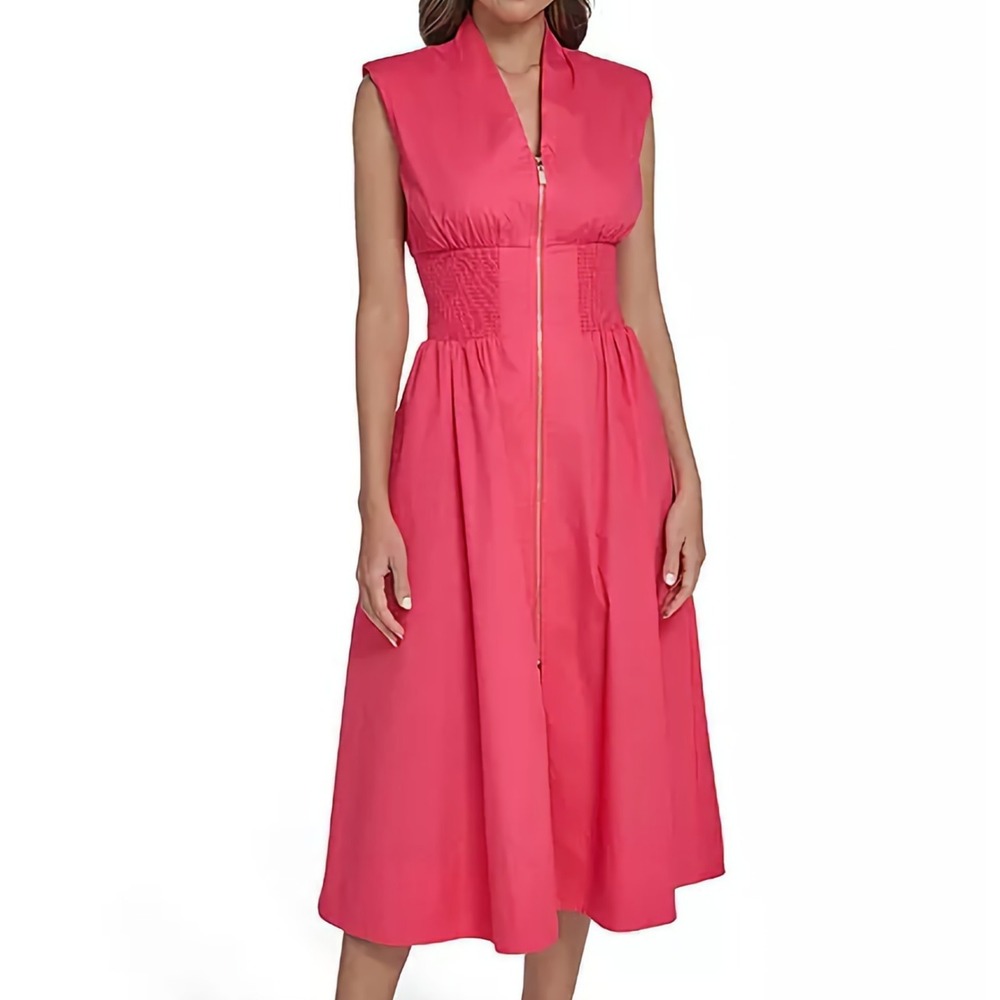 Vince Camuto Smock Waist Front Zip Midi A Line Red Pop Dress Womens Size 6 NWT‎